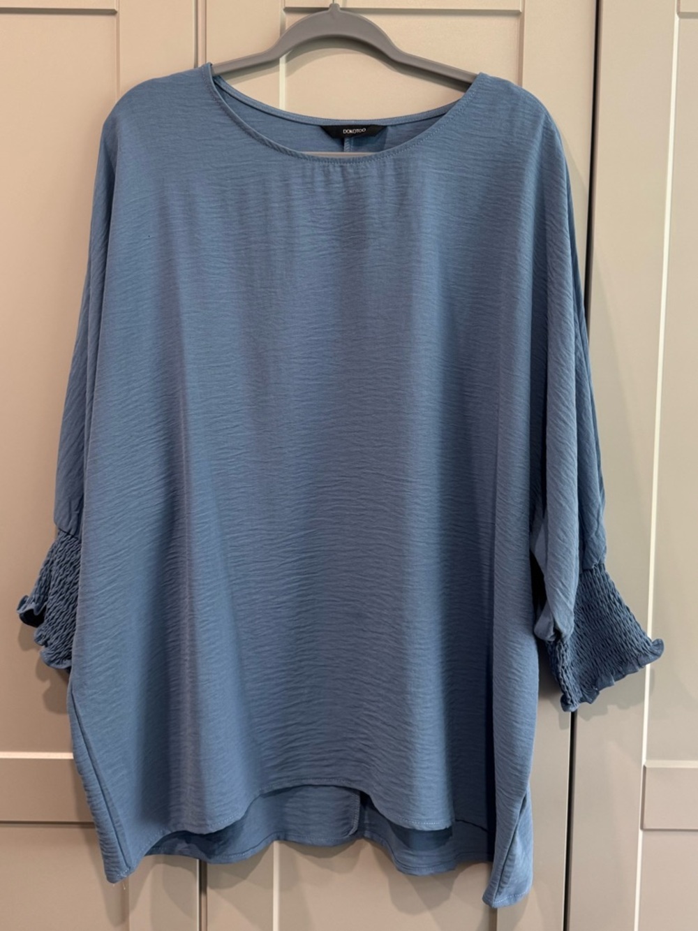 Dusty Blue Smocked-Sleeve Blouse - Relaxed Women's Top